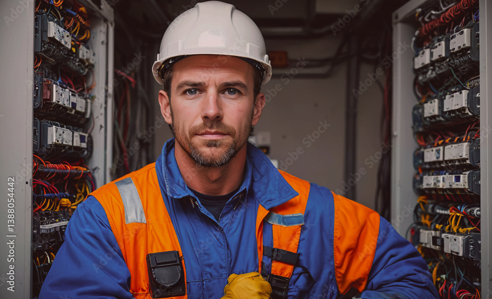 Poster man in a blue and orange safety suit is standing in front of a row of electrical boxes