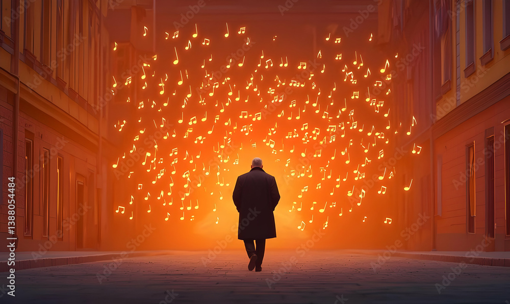 Poster poetic conceptual walk with floating music notes in an urban setting