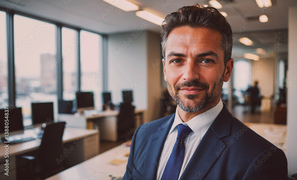 Poster Man in a suit and tie is standing in front of a desk. He is smiling and looking at the camera