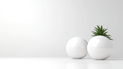 Two smooth, white spheres sit on a reflective surface. A small succulent plant rests atop one sphere. The background is a minimalist white wall. The image is digitally rendered, high-quality, and br