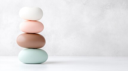 A stack of smooth pastel-colored stones balanced on a white surface, minimalist composition with soft lighting, and abstract art concept.