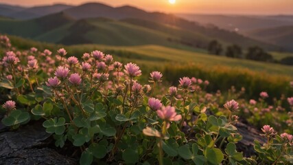 A serene landscape featuring blooming flowers at sunset over rolling hills.