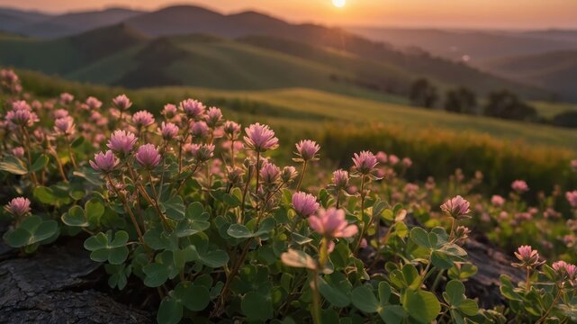 A serene landscape featuring blooming flowers at sunset over rolling hills.