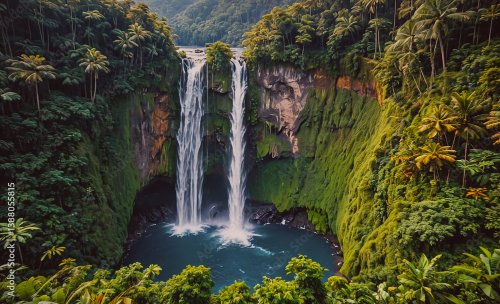 Poster waterfall is in the middle of a forest. the water is clear and blue. the waterfall is surrounded by 