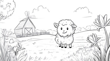 Cute cartoon sheep in a farm scene