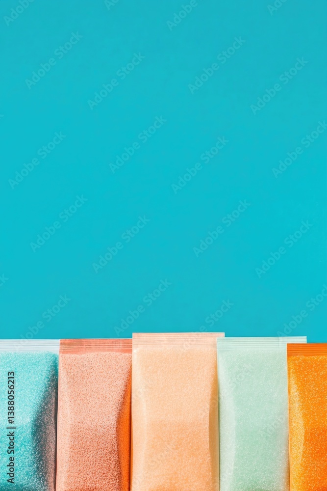 Poster engaging image of vibrant seed packets arranged neatly on display stand background clean and minimal