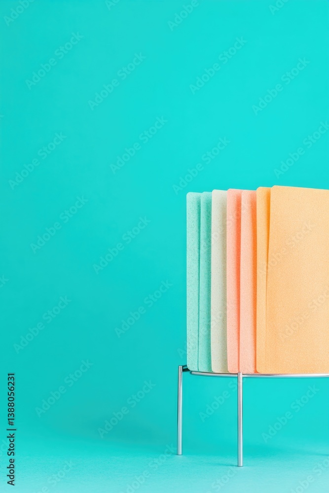 Poster engaging image of vibrant seed packets arranged neatly on display stand background clean and minimal