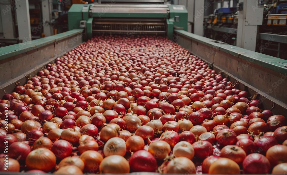 Poster Conveyor belt with a large pile of red onions. The onions are piled up in a row