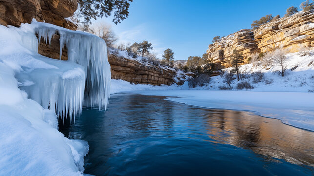 Frozen waterfall with icicles hanging above a calm winter river in a sunlit canyon surrounded by snow and pine trees - Powered by Adobe