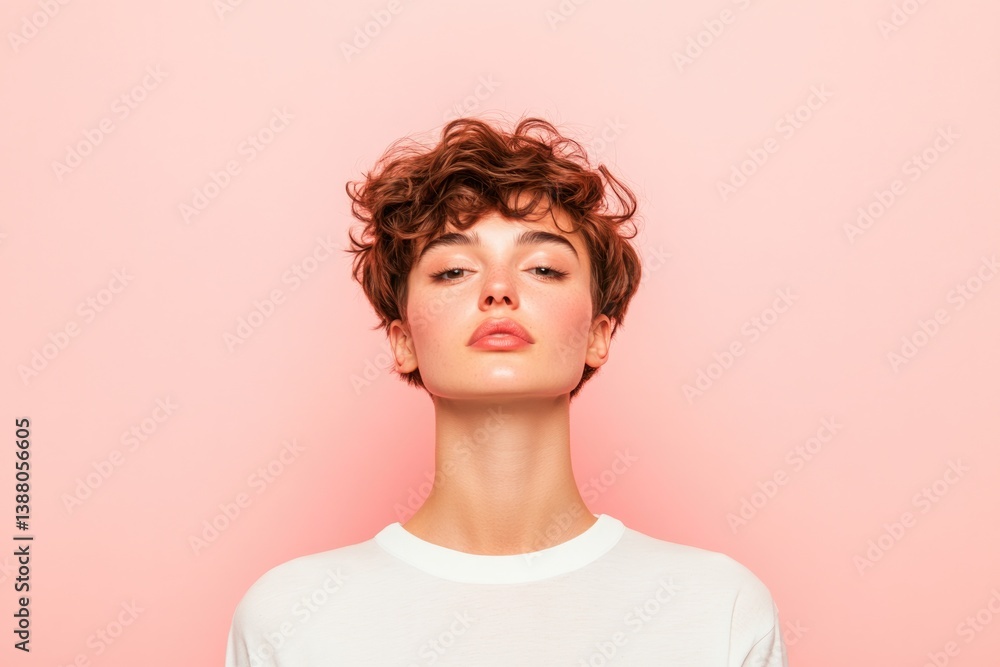 Poster capture minimalistic scene with model showcasing trendy clean haircut against simple solid-colored b