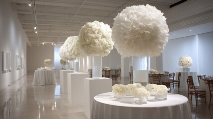 Luxury events gala dinner and elegant decor, An elegant event space decorated with large white floral arrangements, featuring tables and chairs in a modern, minimalist setting.