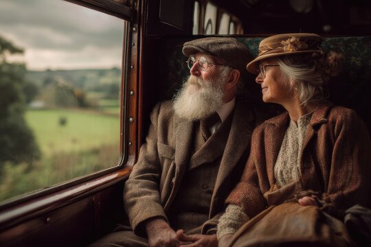 An elderly couple on a nostalgic steam train ride, reminiscence and contentment