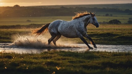 A horse gallops through a shallow stream at sunset, showcasing beauty and freedom in nature.