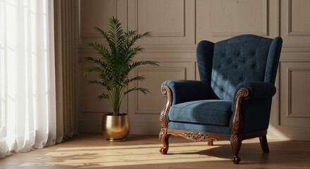 Stylish blue armchair with elegant wood detailing casting soft shadows in a sunlit corner next to a vibrant potted plant, creating a cozy and inviting atmosphere in a modern interior