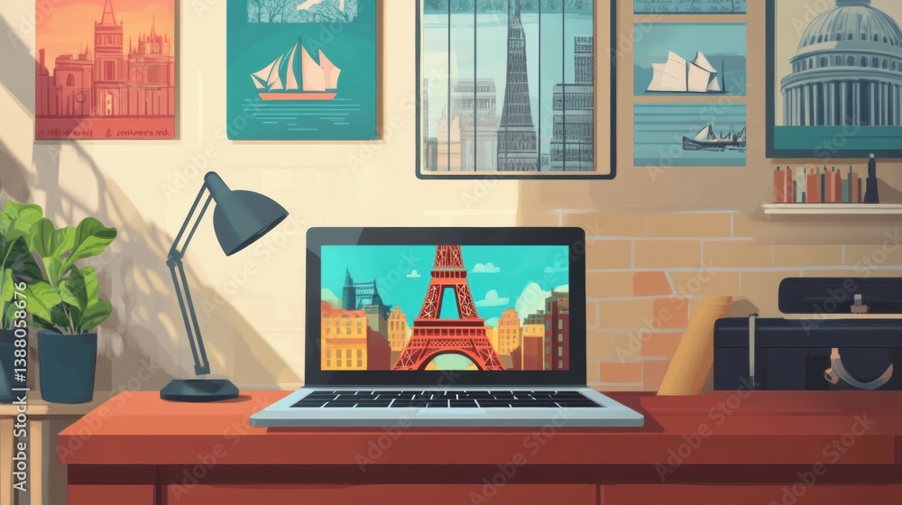 Fototapete Explore virtual language learning in a modern educational setting with travel themes and interactive exercises on a laptop