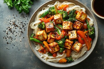 Vegetarian Stir-Fry Tofu Noodle Bowl With Colorful Vegetables, Fresh Herbs, And Sesame Sauce On Dark Surface, Healthy Lifestyle Meal For All Seasons
