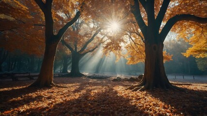 A serene forest scene with sunlight filtering through vibrant autumn leaves.