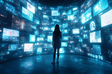 A woman stands in a futuristic room surrounded by massive digital screens displaying social media, videos, emojis, and online content, symbolizing the overwhelming presence of the digital world