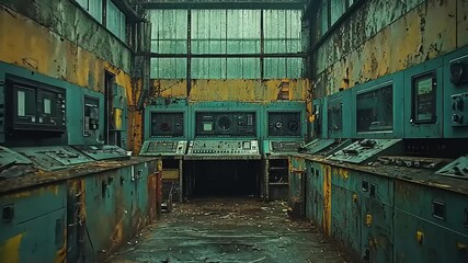 Abandoned industrial control room with weathered machinery and peeling paint, showcasing decay - Powered by Adobe
