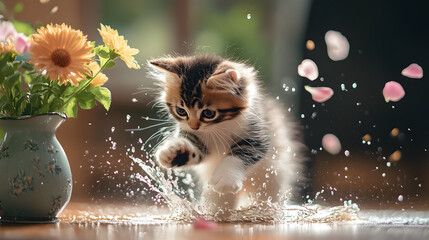 Kitten's playful splash near floral arrangement. Capturing the joyous moment of a kitten playfully pawing at water, creating a dynamic and heartwarming scene.
