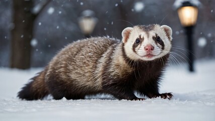 Obraz premium A ferret walks through a snowy landscape, showcasing its playful nature in a winter setting.