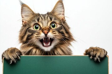 Studio cat banner. Isolated cat on a solid apparel pure white background. Ð¡ute adult cat ragamuffin hold in front paws a template - large green boulevard sign. Pet in commercial. Cat photo.