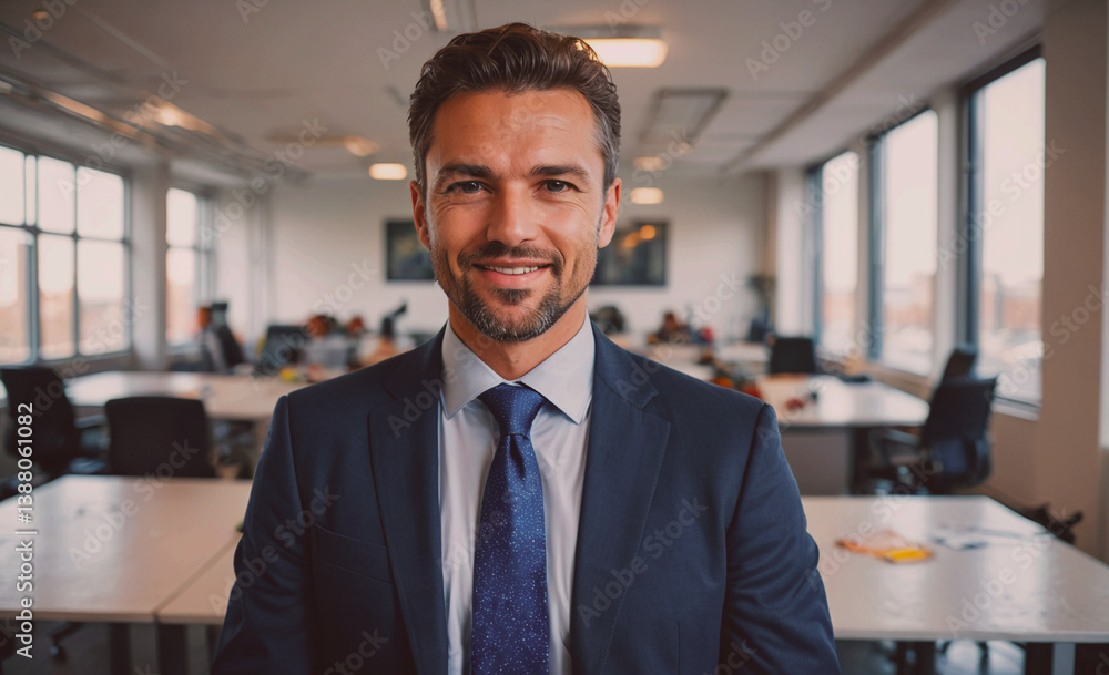 Poster Man in a suit and tie is smiling for the camera. He is standing in front of a desk with a chair behind him