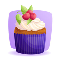 A delicious cupcake decorated with cream and cherries on a purple background. The concept of confectionery, baking, cooking. Vector illustration for the design of menus, posters, banners, covers