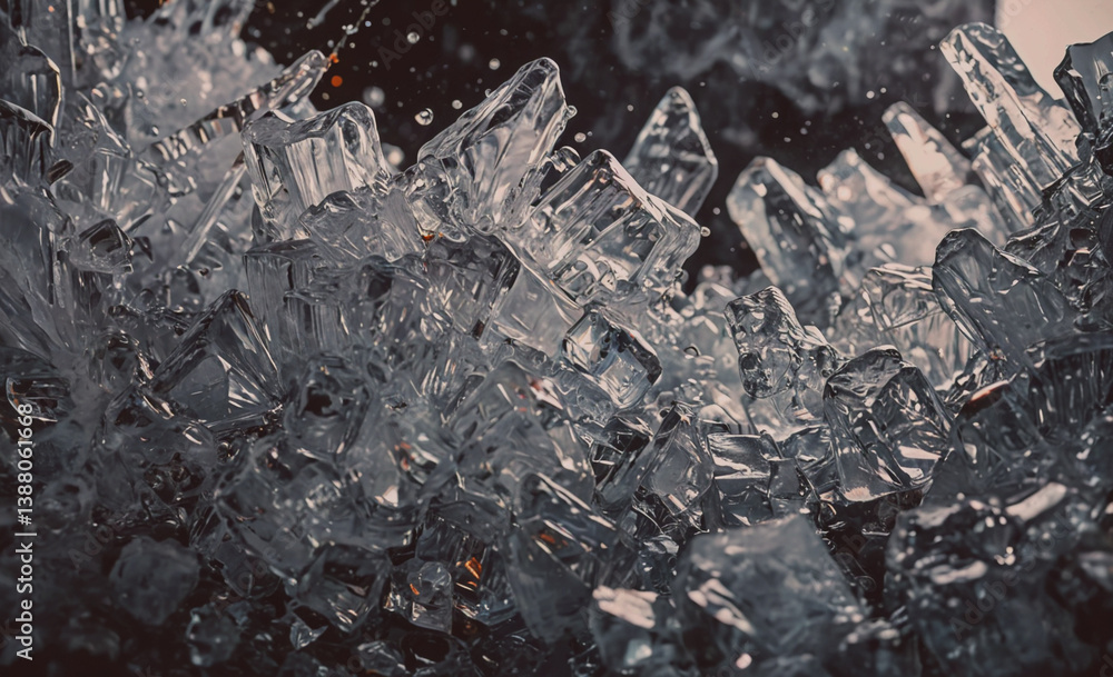 Poster pile of ice cubes with a few pieces missing. the ice cubes are scattered all over the surface