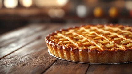Freshly baked golden lattice pie on wooden rustic kitchen table