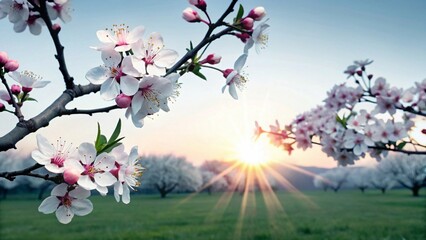 Pink cherry blossoms bloom in a green meadow at sunrise, capturing the beauty of Easter springtime