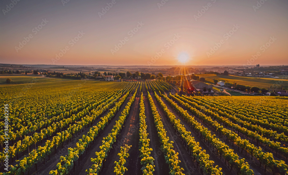Poster vast field of grape vines stretches out in front of a beautiful sunset. the sun is setting behind th