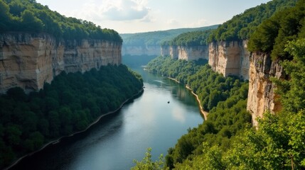 Naklejka premium Gorges du Tarn in France, mild, sunny summer midday, shot from above.