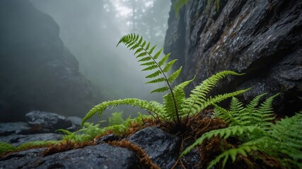 A close-up of a fern growing among rocks in a misty, forested environment.
