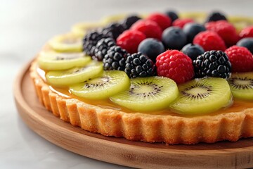 Glossy fruit tart topped with fresh berries and kiwi slices on a plate