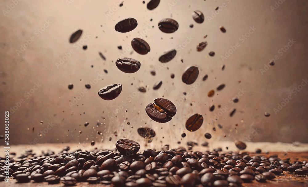Poster pile of coffee beans is scattered on a table. some of the beans are broken and others are whole