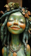 Unique handmade sculpture of a joyful forest spirit with natural features and flowers