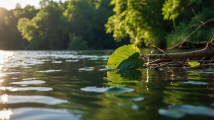 Fototapeta premium A serene river scene with a floating leaf and gentle ripples reflecting sunlight.