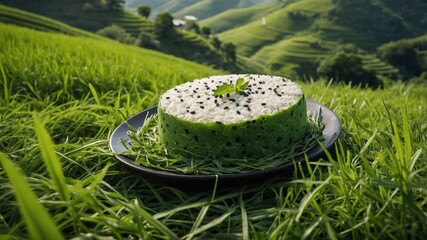 A vibrant green cake on a plate, set against a lush, hilly landscape.