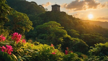 A scenic view of a tower amidst lush greenery and blooming flowers during sunset.