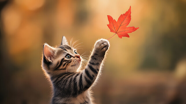 A small, striped tabby kitten reaches up with its paw to touch a vibrant red maple leaf against a softly blurred, autumnal background. The kitten looks up with bright, curious eyes.