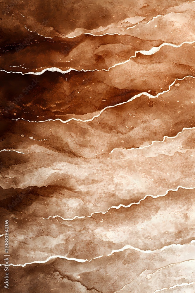 Poster Abstract brown watercolor background with white wavy lines creating dynamic movement across textured surface. Artistic design for wall art and creative projects.