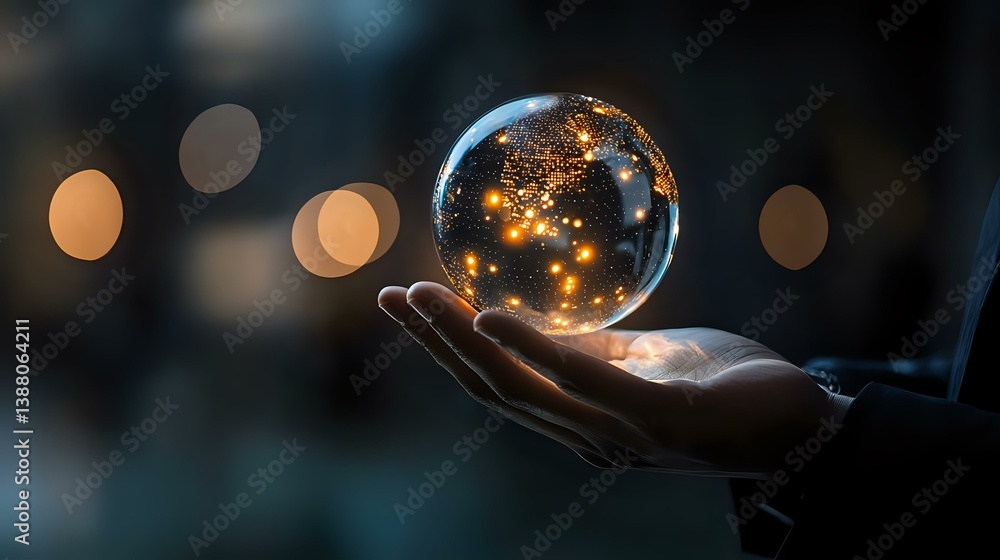 Poster glowing crystal ball floating over palm reveals magical constellation pattern against dark backgroun