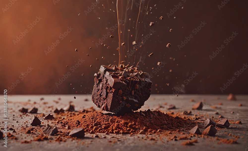 Poster chocolate bar is on a table with chocolate powder on the ground. the chocolate bar is melting and th