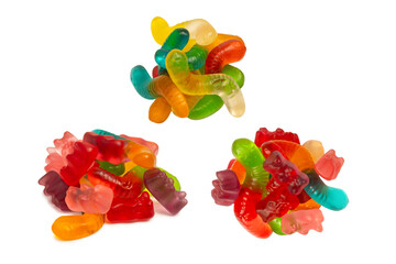 Assorted colorful gummy candies isolated on a white background. Top view. Jelly  sweets.