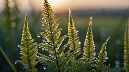 Close-up of fern leaves with water droplets, capturing nature's beauty at sunrise.