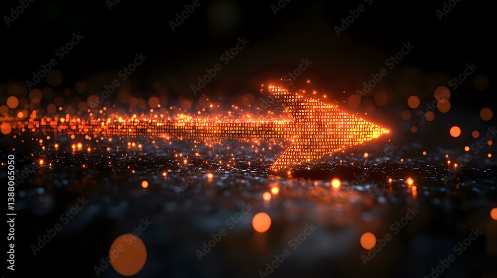 Poster glowing digital arrow formed by luminous particles with bokeh effect on dark background, symbolizing
