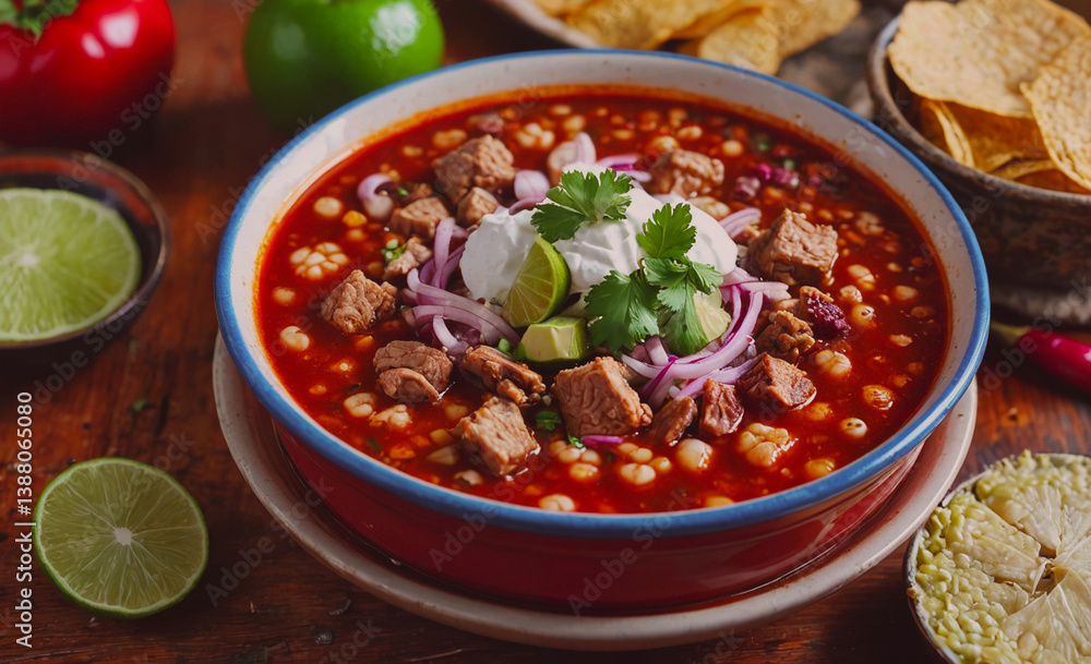 Poster bowl of red chili with meat and onions. a plate of lime slices is on the table