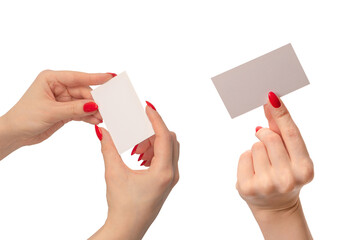 Empty card in woman hand with red nails  isolated on a white background.