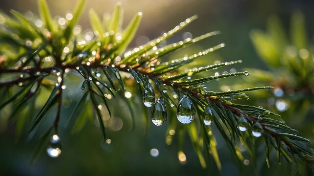 Close-up of a pine branch adorned with water droplets, capturing nature's beauty.